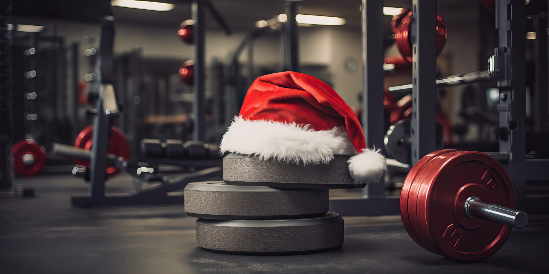 Weihnachtsmann-Mütze auf einem Fitnessstudio Hantel Gewicht.